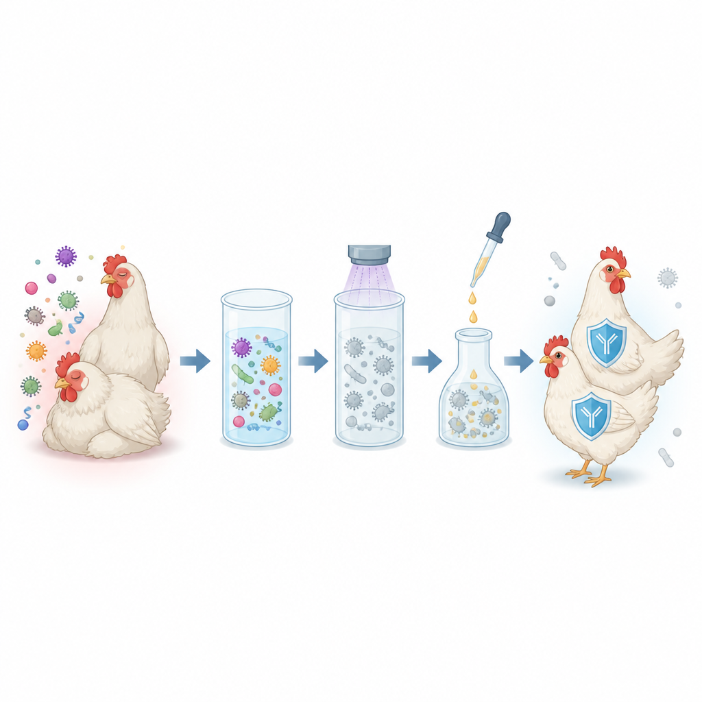 Figure 2. 病気の鳥から採取した病原体が、群の健康を改善する標的ワクチンに変わるまでの段階的プロセス。