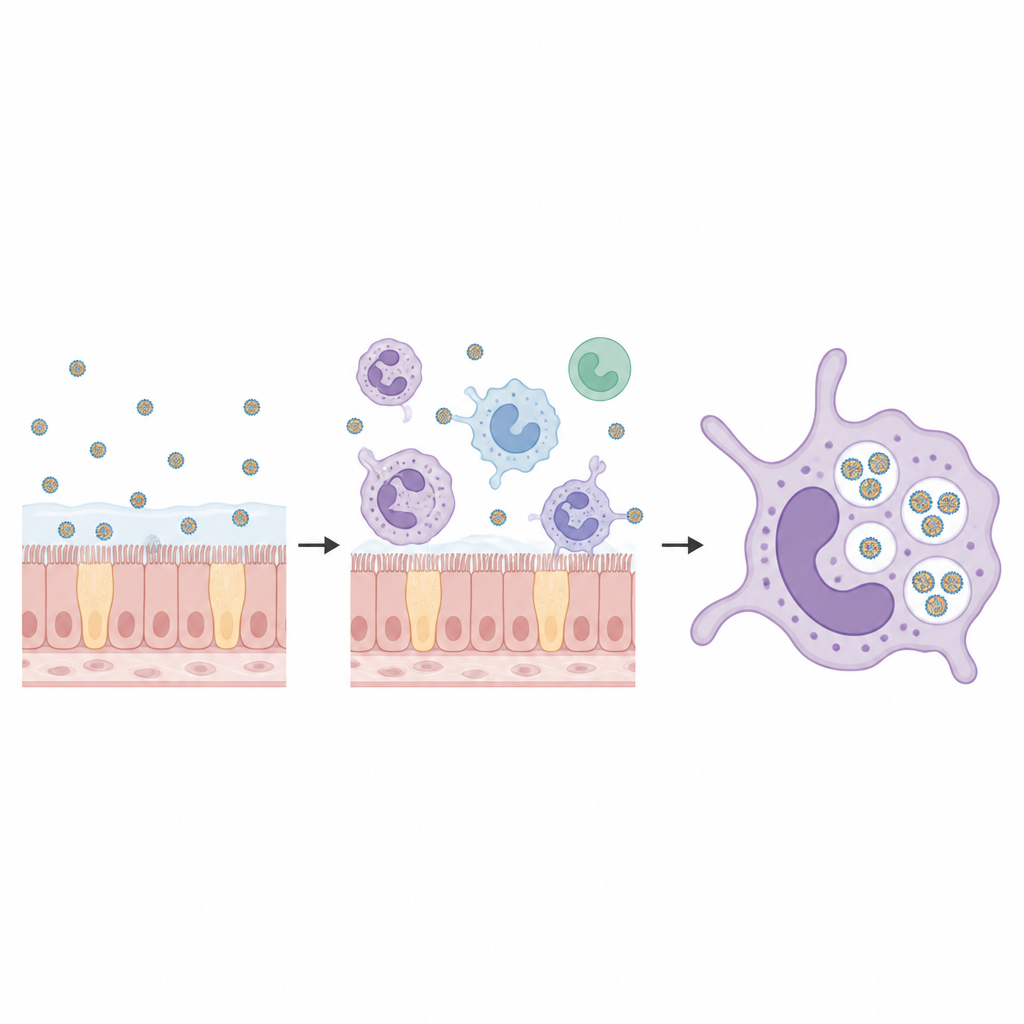 Figure 2. كيف تُحتجز جزيئات اللقاح في الأنف بواسطة الخلايا المناعية على مدى ساعات وأيام لتطلق حماية طويلة الأمد.