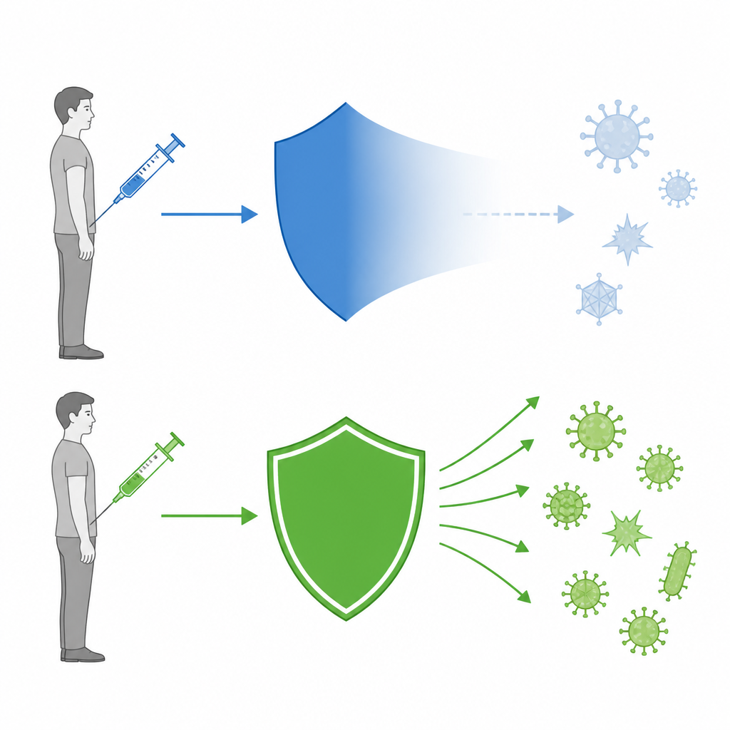 Figure 1. Come due tipi di richiami COVID-19 plasmano l’intensità e la durata della protezione nel tempo