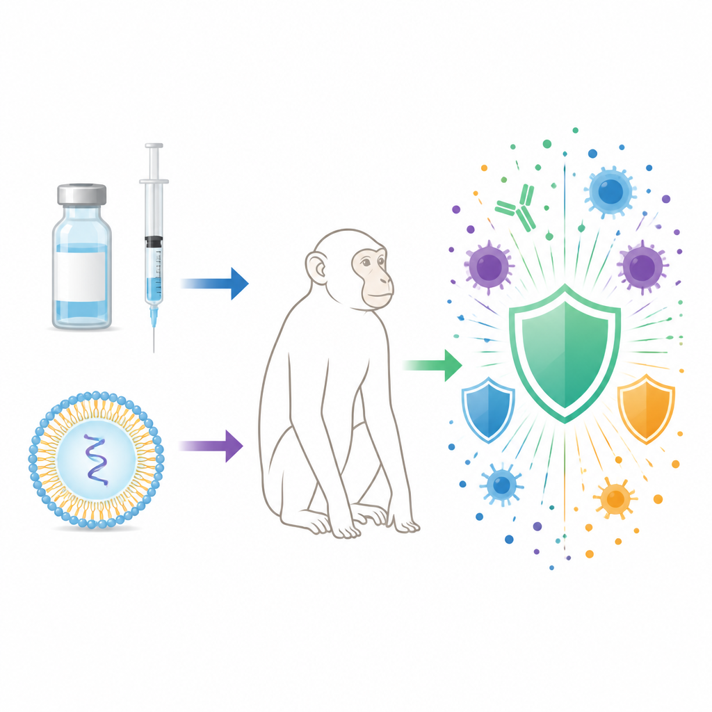 Figure 1. مقارنة كيفية تدريب لقاح إنفلونزا جديد قائم على mRNA واللقاحات التقليدية لجهاز الدفاع في أجسام القرود.