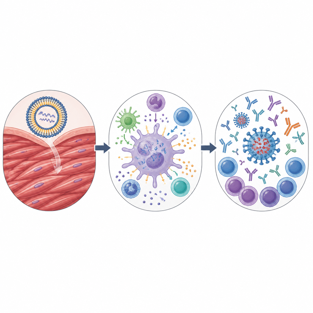 Figure 2. كيف يفعّل لقاح الإنفلونزا mRNA إشارات الإنذار المبكرة ويبني استجابات قوية من الأجسام المضادة والخلايا الذاكرية خطوة بخطوة.