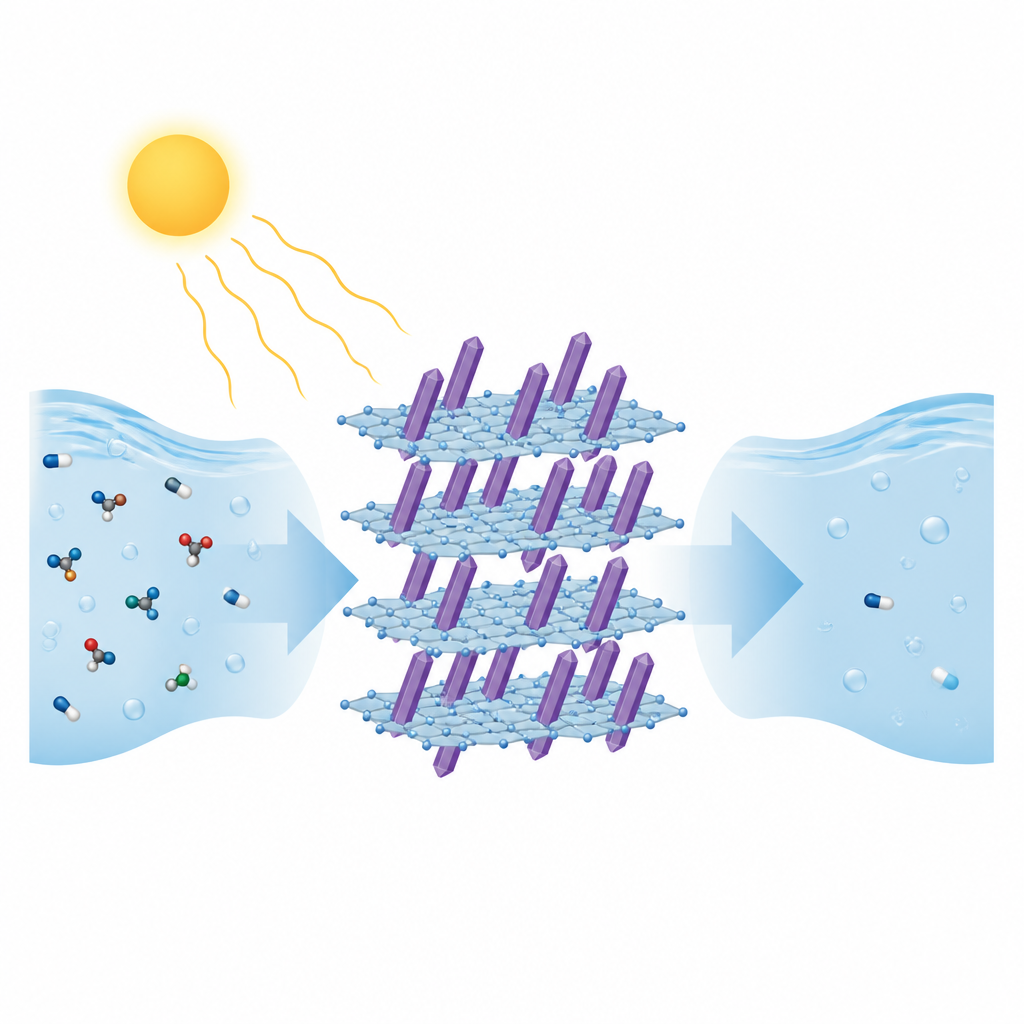 Figure 1. Von Sonnenlicht angetriebener Katalysator reinigt antibiotikaverschmutztes Wasser, während es an spezialisierten Partikeln vorbeifließt.