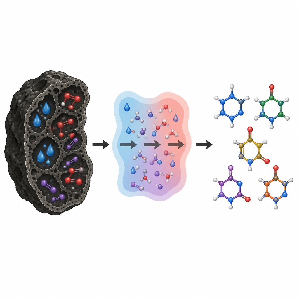 Figure 2. Diverse miscele di sostanze chimiche semplici all’interno degli asteroidi guidano reazioni che formano vari mattoni genetici.