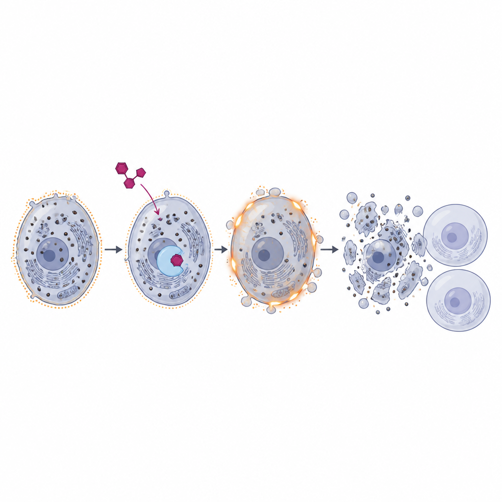 Figure 2. Blocking a protective enzyme so iron and fat damage drive stressed cells to self-destruct