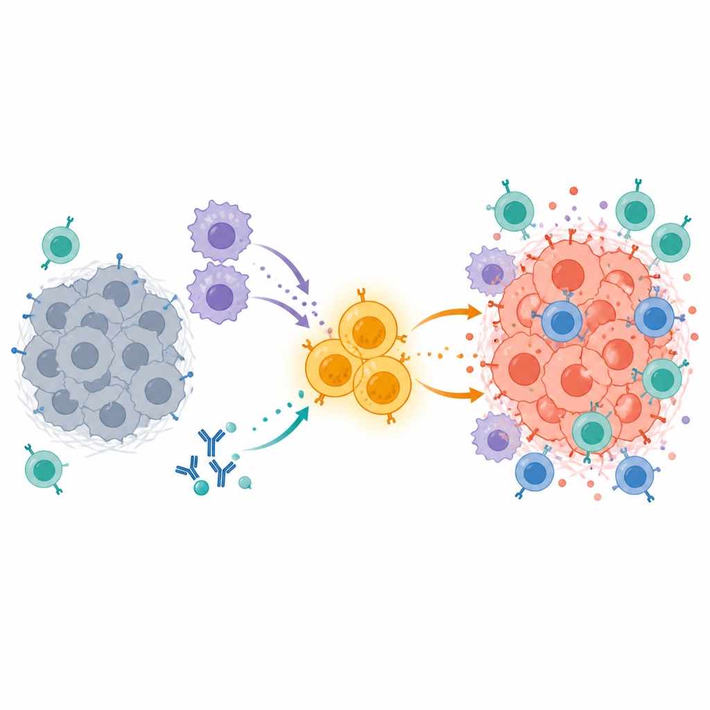 Figure 1. Special natural killer cells and checkpoint drugs team up to turn hidden tumors into visible targets.