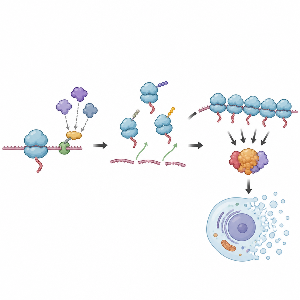 Figure 2. Cómo la pérdida de una proteína que protege el ribosoma desencadena una cadena de estrés que termina en muerte celular durante la escasez de glucosa.