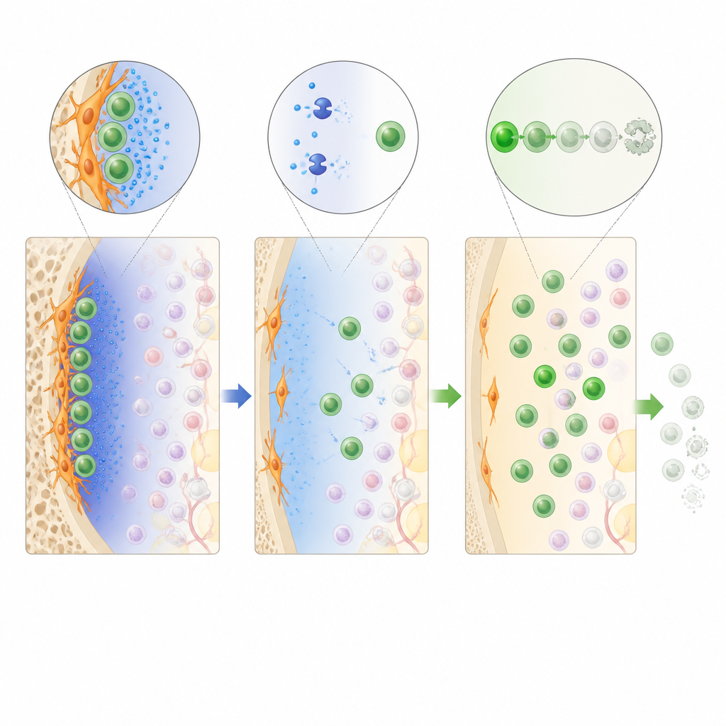 Figure 2. How changing chemical signals in bone marrow niches pushes leukemia stem cells out of safe zones into exhaustion and death.