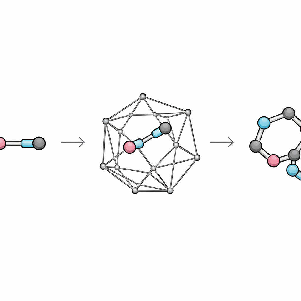 Figure 2. Een vervormde binding binnen een stijve kooi geeft spanningsenergie vrij wanneer ze zich bindt met een partnerring, waardoor een nieuw gefuseerd 3D‑kader ontstaat.
