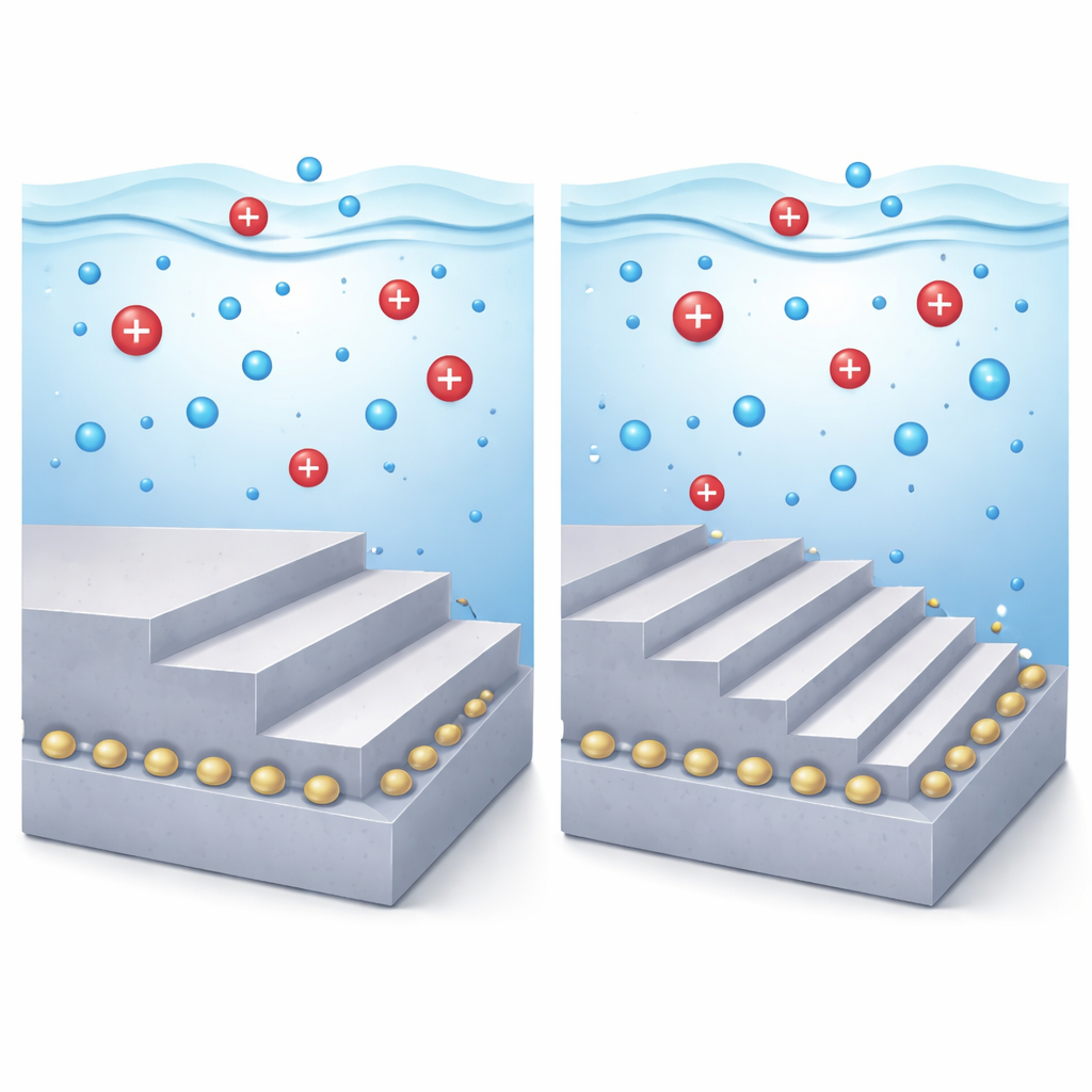 Figure 1. Hoe atomaire treden op een platina-oppervlak in water de ladingopslag aan de interface veranderen.