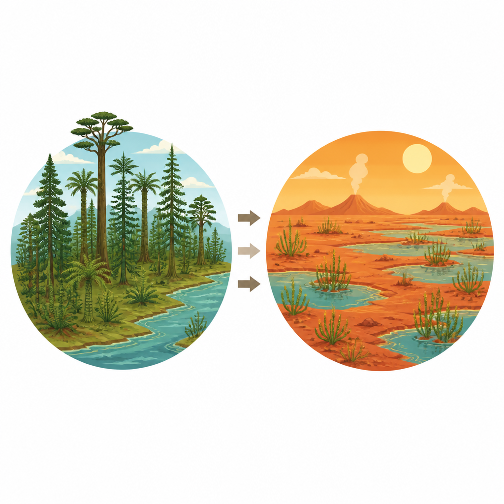 Figure 1. Hoe kleine moerasplanten reuzenbossen vervingen na ’s werelds grootste massa-extinctie.