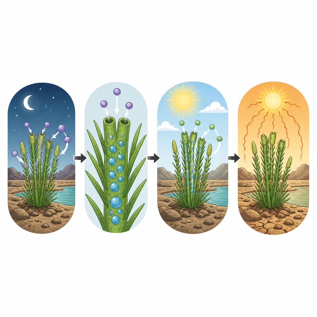 Figure 2. Hoe nachtelijke koolstofopslag oude planten hielp dodelijke daghitte te overleven.