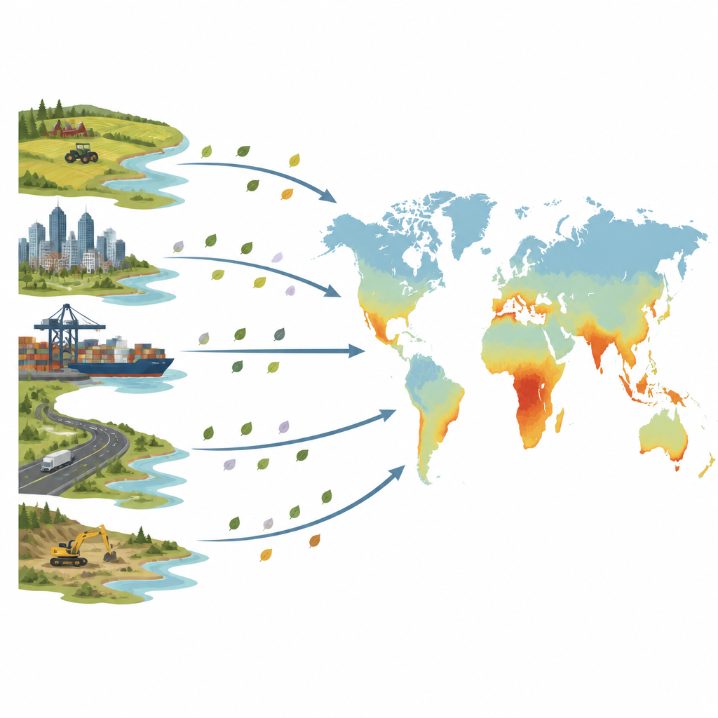 Figure 1. Hoe menselijke activiteit en klimaat wereldwijde hotspots creëren waar niet-inheemse planten het meeste kans hebben zich te verspreiden.