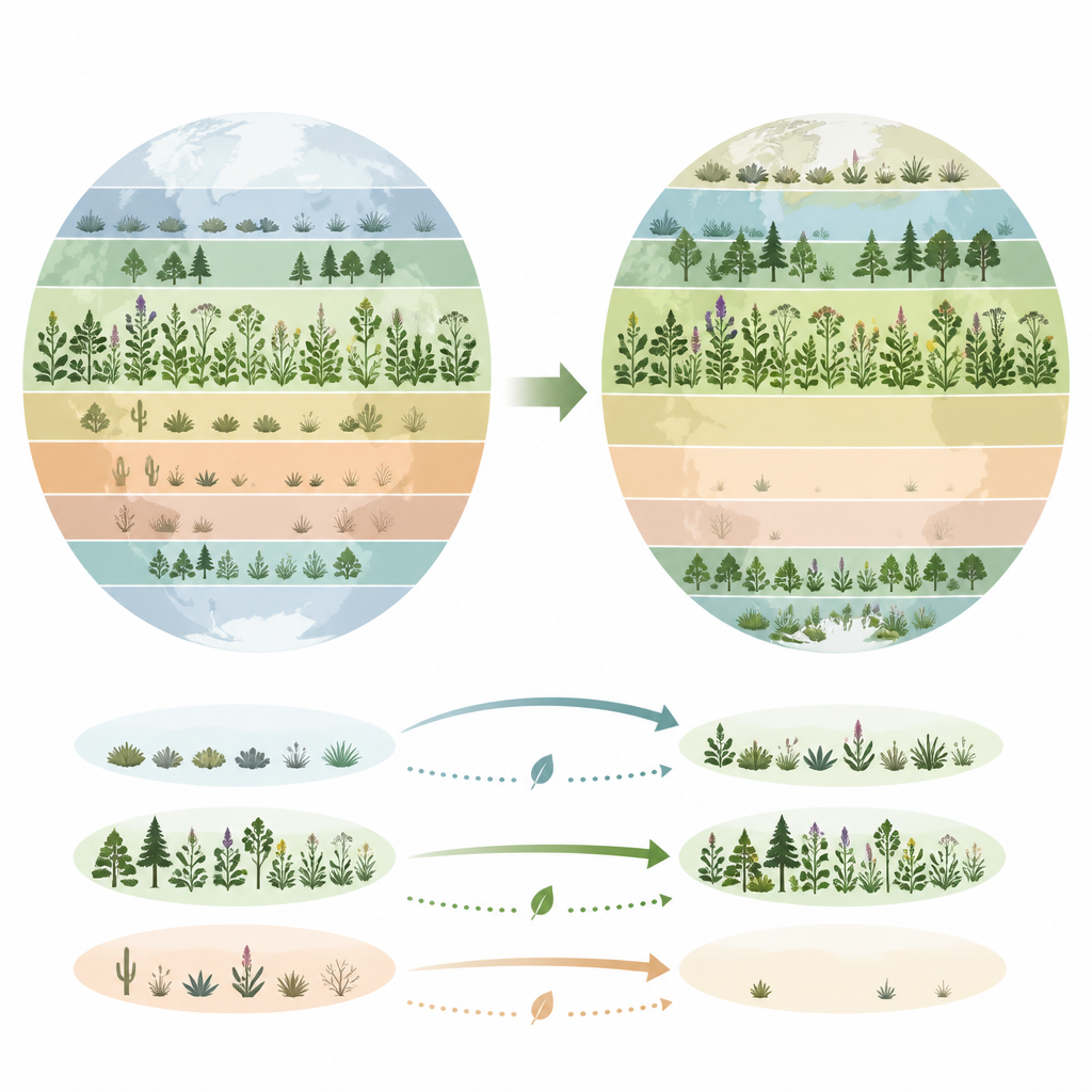 Figure 2. Hoe opwarming invasie-hotspots van planten naar de polen verplaatst terwijl het samenstel van uitheemse soorten dat kan gedijen, wordt herschikt.