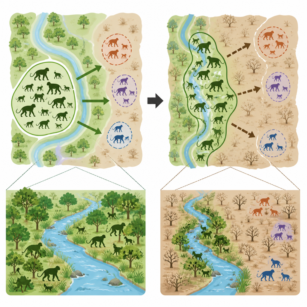 Figure 2. Hoe grote apengroepen zich bij voedseltekort naar hoogwaardige rivierhabitats uitbreiden en kleinere buren naar buiten duwen.