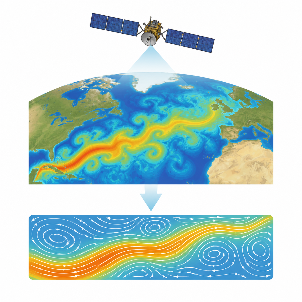 Figure 1. Como uma visão estável de um satélite meteorológico é transformada em um mapa claro de correntes superficiais oceânicas que mudam rapidamente.