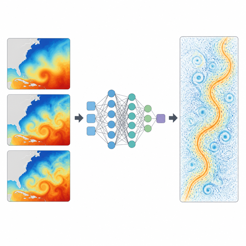 Figure 2. Como sequências de padrões de temperatura do oceano alimentam uma rede neural que reconstrói correntes superficiais em escala fina.