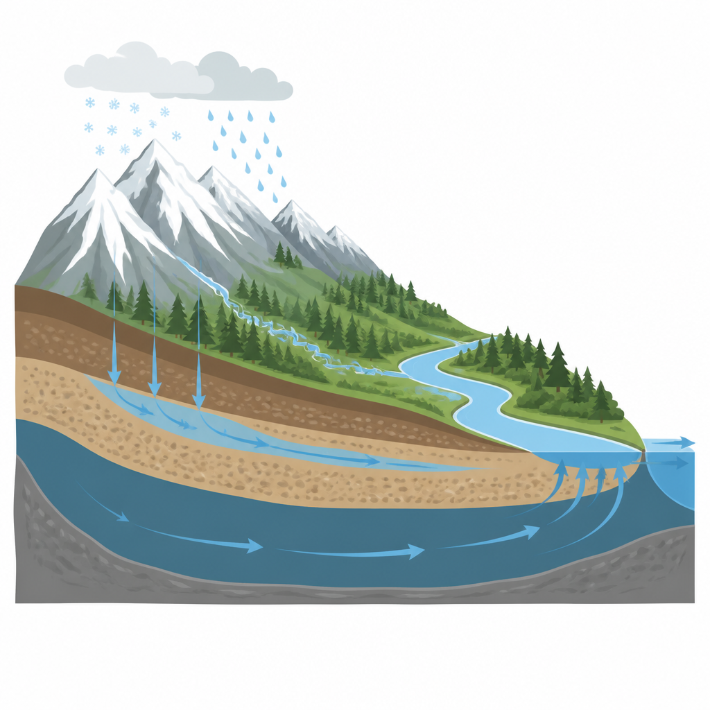 Figure 1. Shrinking mountain snow pushes rivers to depend more on long stored groundwater hidden beneath the peaks.