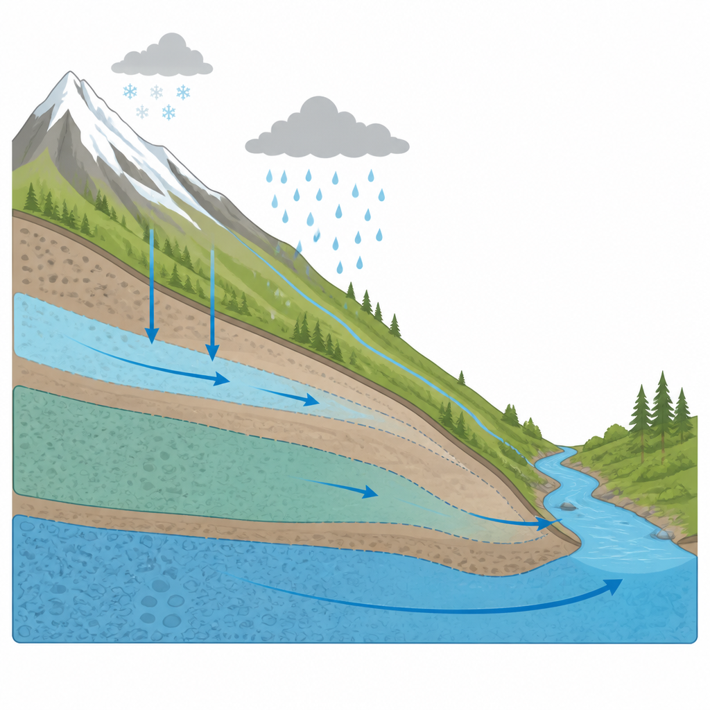 Figure 2. With warming, less snow and more evaporation leave rivers lower while older, deeper groundwater supplies a growing share of flow.
