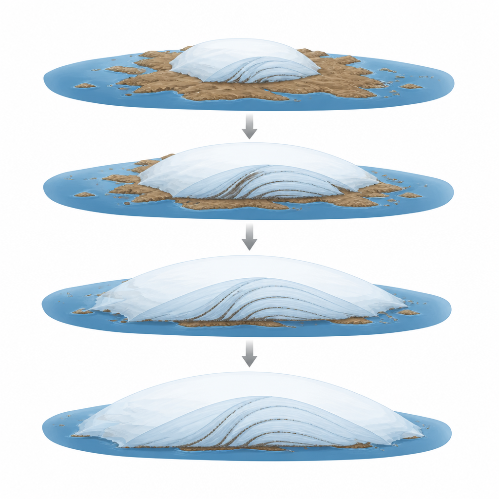 Figure 1. Cómo las bandas de detritos enterradas en el hielo de Groenlandia registran su retroceso y posterior recuperación tras un periodo cálido del pasado.
