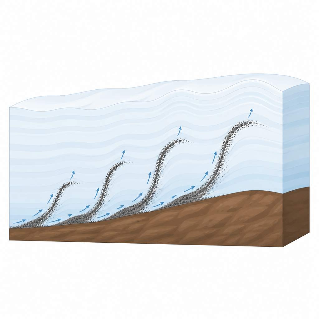 Figure 2. Cómo las rocas y sedimentos se elevan desde el lecho de Groenlandia hacia bandas ascendentes dentro del hielo, debilitándolo y alterando su flujo.