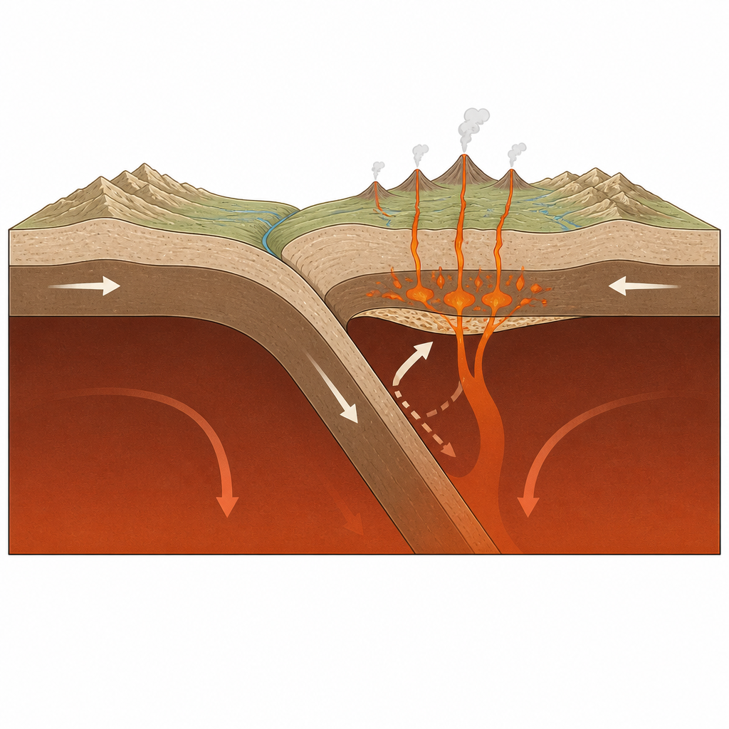 Figure 1. Oude continentale korst zinkt, keert terug onder een buurplaat en helpt nieuw magma te voeden nadat continenten zijn gebotst.