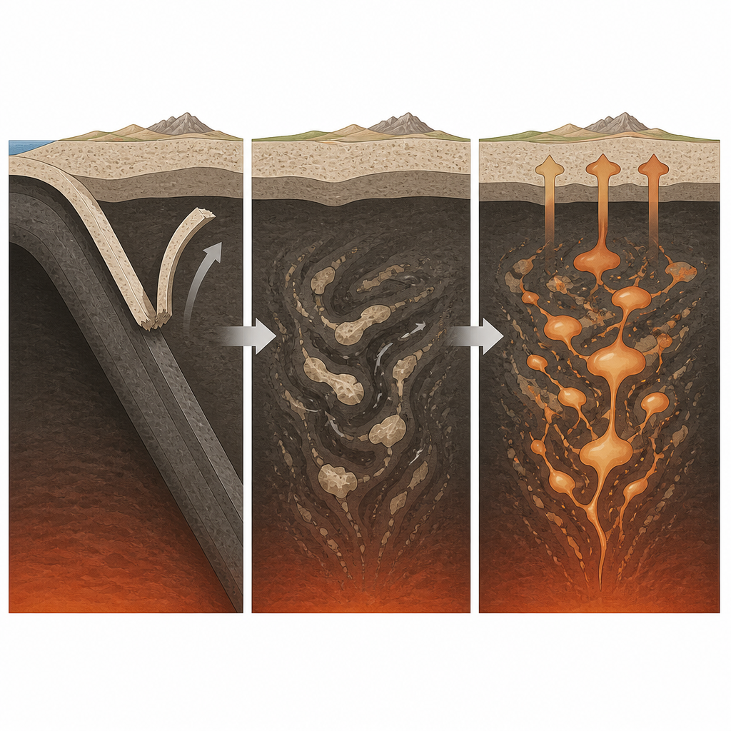 Figure 2. Losgeraakte lichte korst mengt zich op diepte met donkerder mantelgesteente en smelt vervolgens deels om hybride magma’s te vormen die naar het oppervlak stijgen.