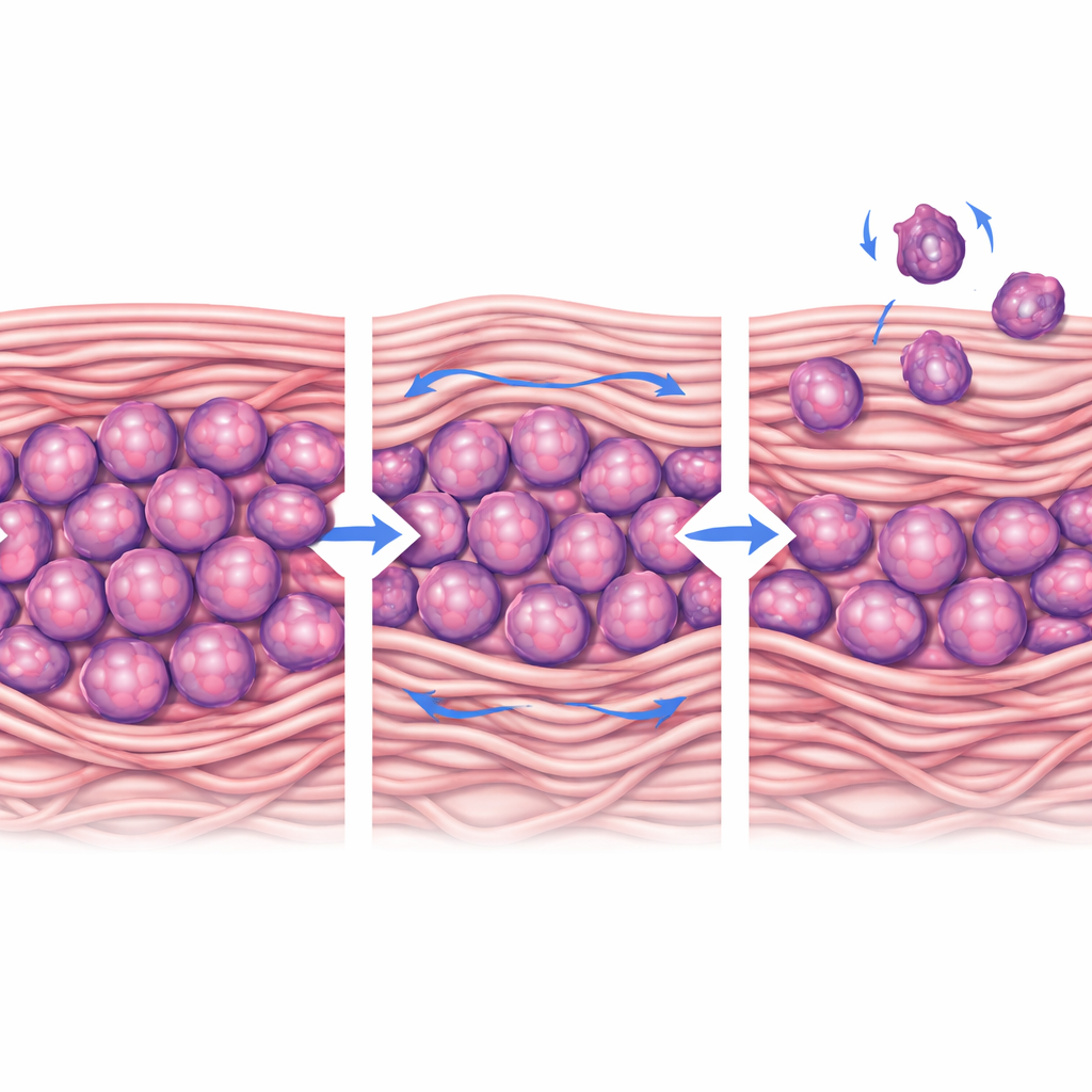 Figure 2. How gentle vibration of vocal fold tissue loosens the stiff matrix, ejects harmful cells and lowers growth signals inside nuclei.