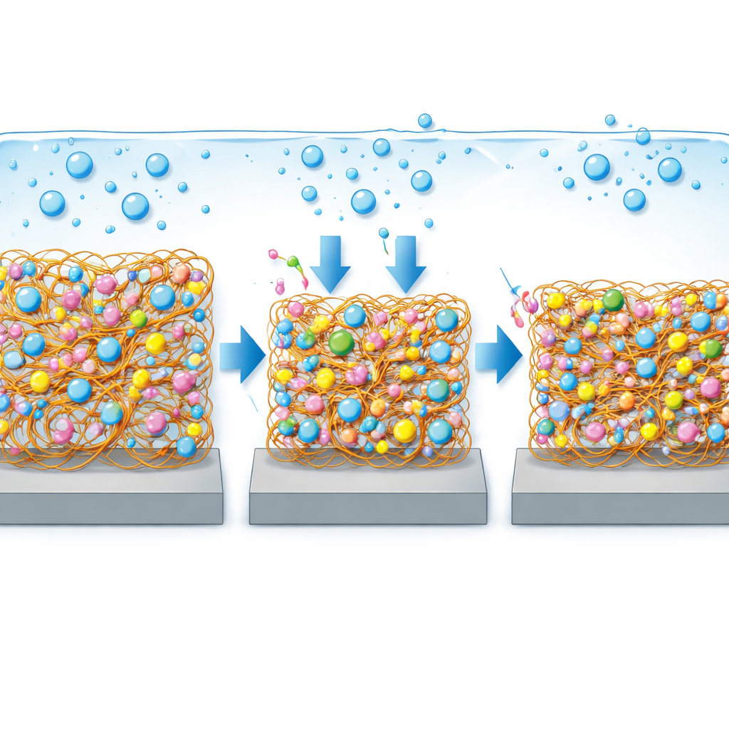 Figure 1. Hoe bijzondere ionen een kunststoffilm eerst doen opzwellen en vervolgens doen krimpen door water eruit te persen wanneer deze elektrische lading draagt.