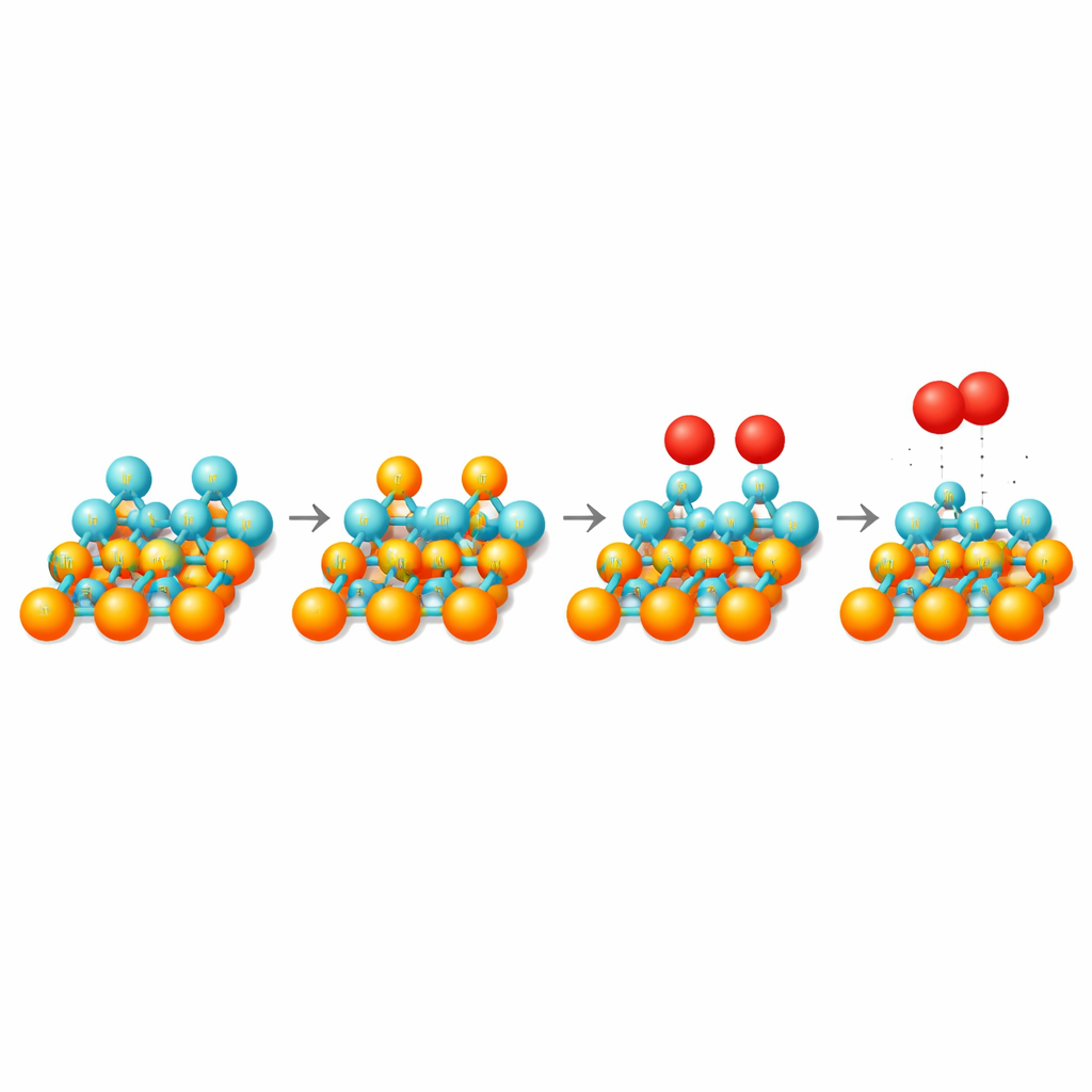 Figure 2. Stepwise creation and use of highly reactive oxygen sites on iridium oxide that join to form oxygen gas.