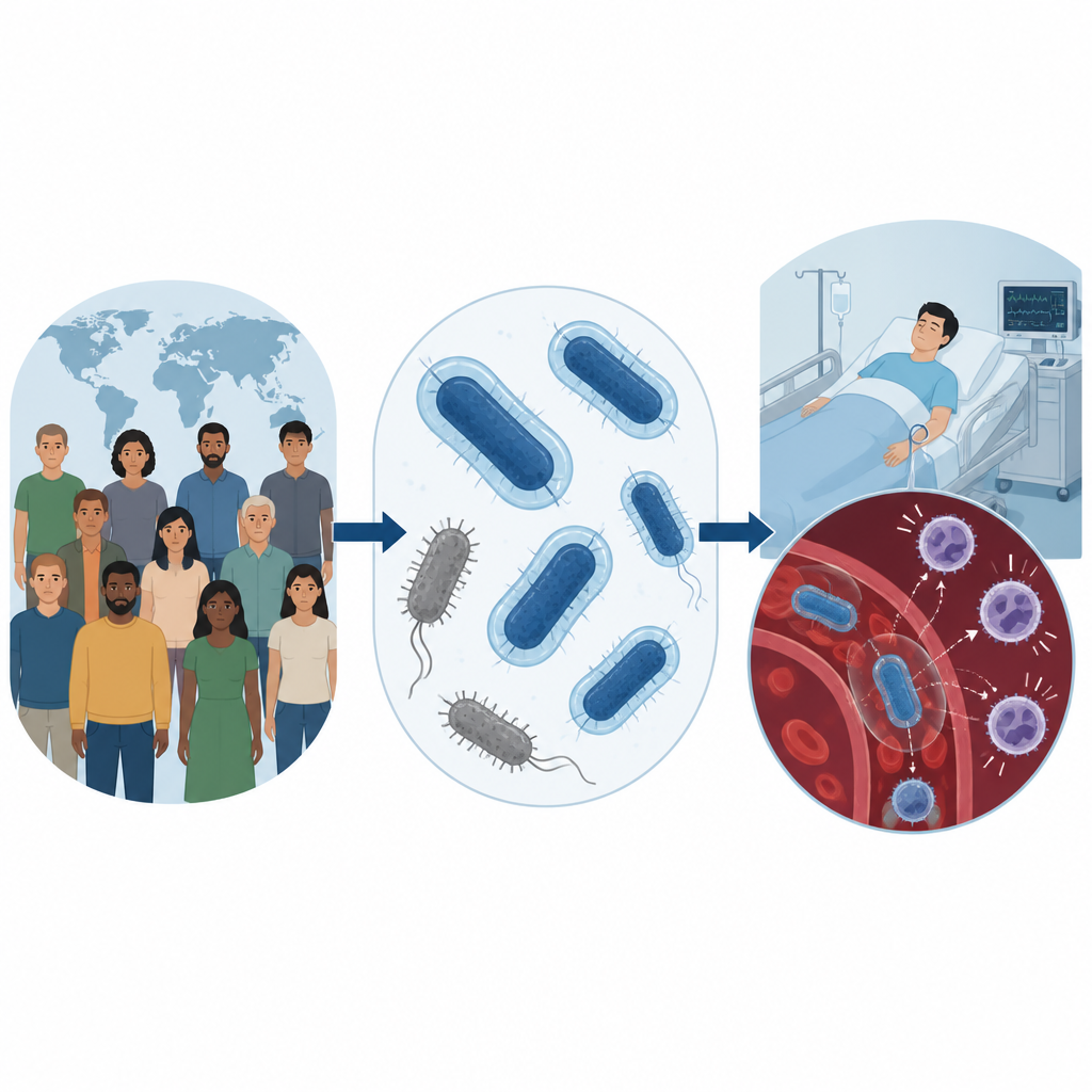 Figure 1. Hoe de suikerrijke buitenlaag van E. coli helpt bij het ontwijken van afweer en het veroorzaken van ernstige bloedbaaninfecties.
