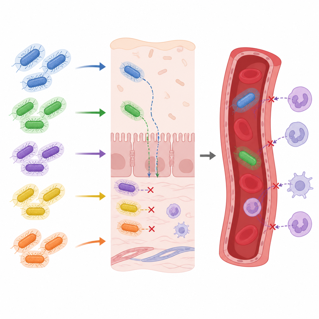 Figure 2. Verschillende E. coli-kapsels bepalen welke stammen de darmbarrière kunnen passeren en de bloedbaan bereiken.