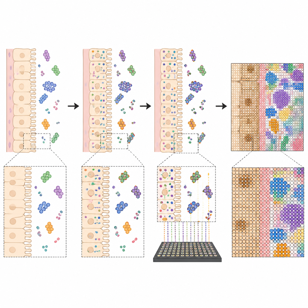 Figure 2. كيف يكشف وسم الحمض النووي الريبي في موضعه عن تجمعات دقيقة للبكتيريا المعوية والخلايا المجاورة للعائل.