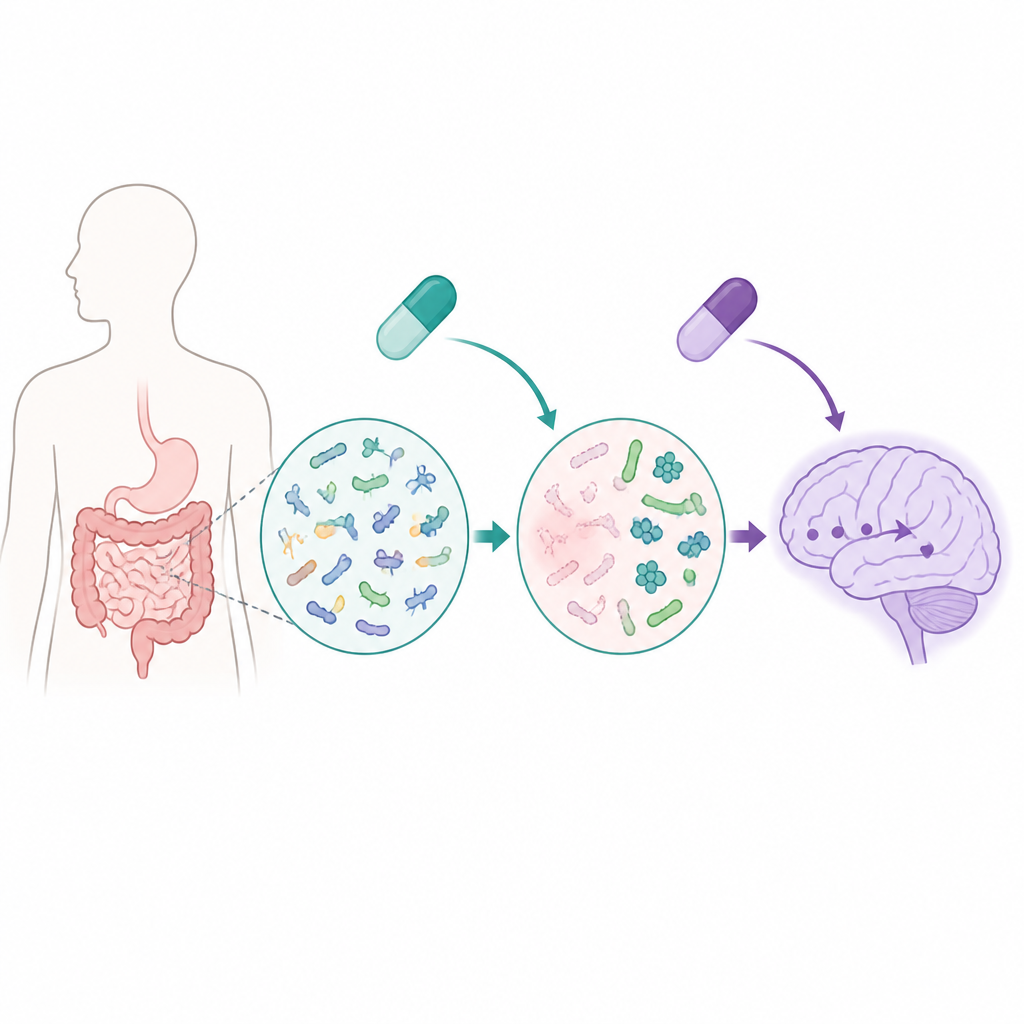 Figure 1. Tarmmikrober förändrar hur två Parkinsons-läkemedel samverkar och hur mycket läkemedel som når hjärnan.