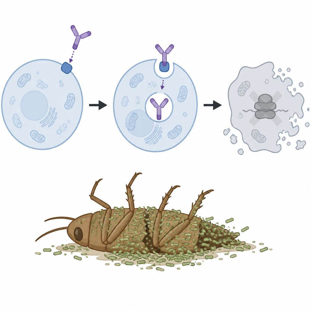 Figure 2. Una toxina bacteriana se fija en la superficie celular del insecto, detiene la síntesis de proteínas y conduce a la muerte del insecto.