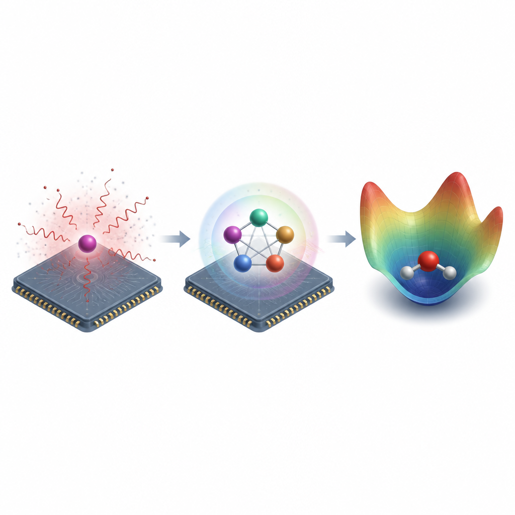 Figure 1. Cómo agrupar qubits en silicio puede proteger la frágil información cuántica y resolver un problema simple de química.