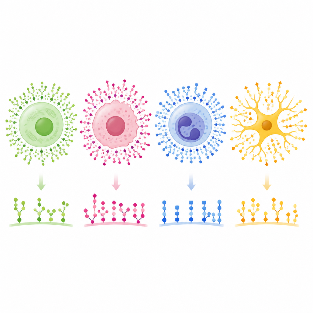 Figure 1. Le cellule indossano un manto di zuccheri i cui minuscoli modelli rivelano se sono sane, cancerose, parte del sistema immunitario o neuroni.