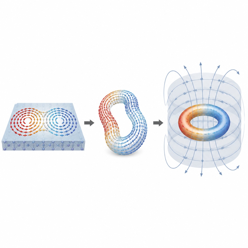 Figure 2. Vortici magnetici di senso opposto si fondono in un anello tridimensionale stabile all’interno di uno sfondo tortuoso.