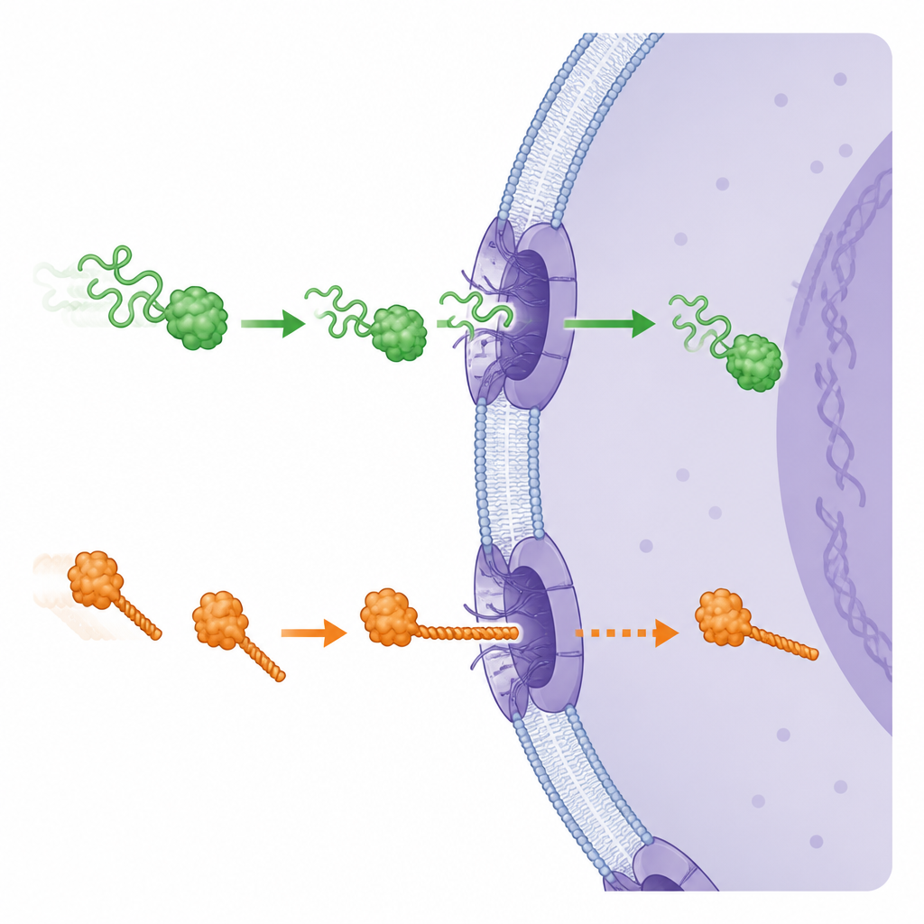 Figure 1. Le estremità proteiche morbide e flessibili entrano nel nucleo cellulare più rapidamente attraverso i pori nucleari rispetto alle estremità rigide.