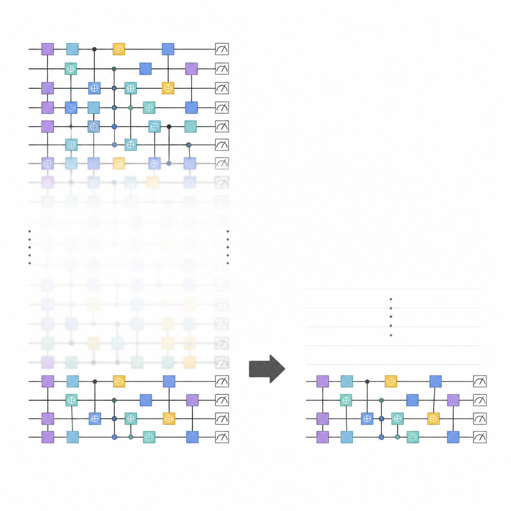 Figure 1. الضوضاء تجعل الدوائر الكمومية العميقة تتصرف كدوائر أضلاً بكثير فيما يتعلق بالقياسات الأساسية.