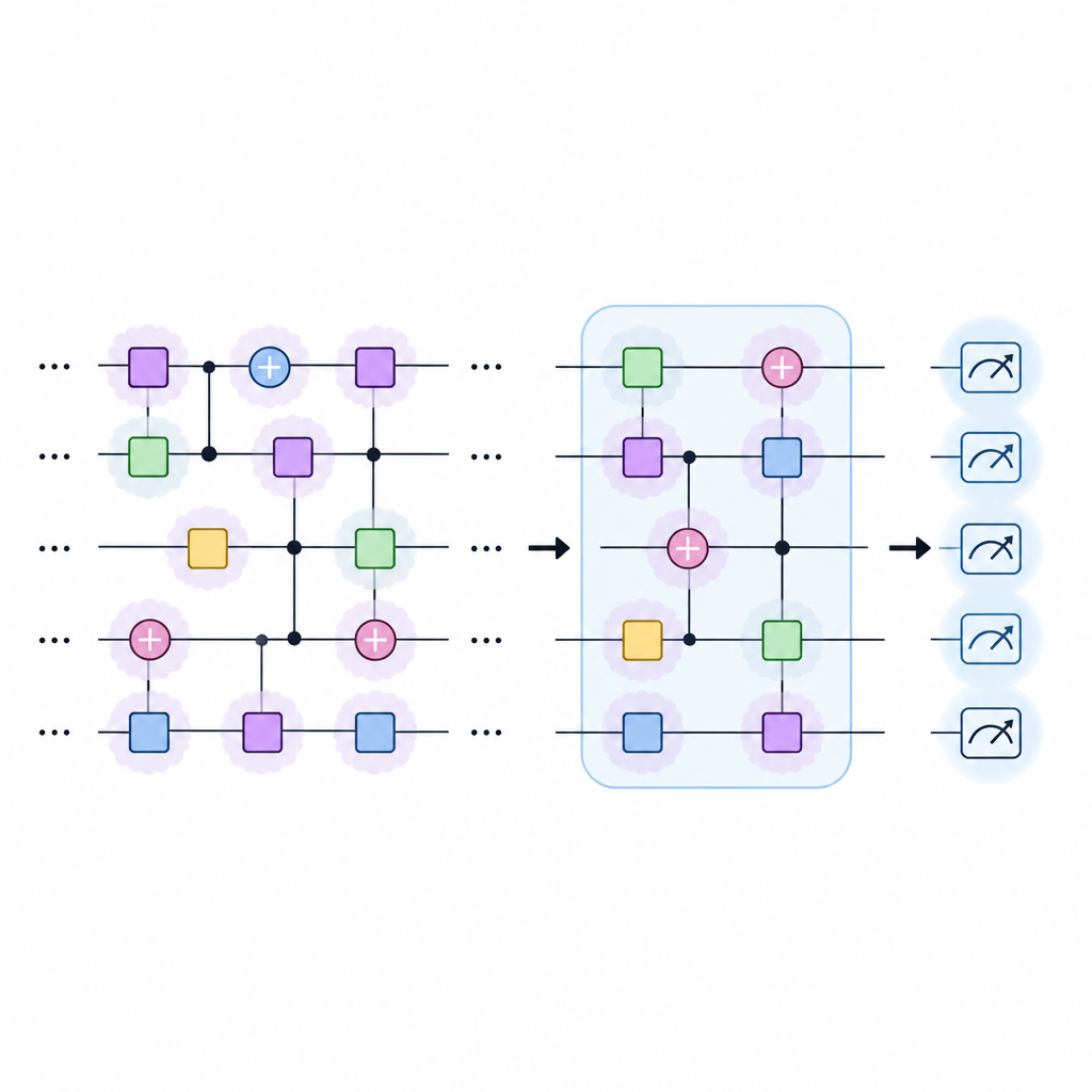 Figure 2. فقط الطبقات النهائية الملوثة بالضوضاء في الدائرة الكمومية تؤثر بقوة على النتائج المقاسة وسلوك التدريب.
