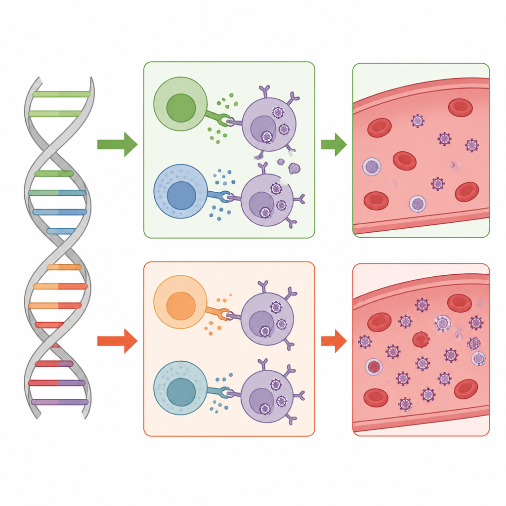 Figure 2. Come i geni di una persona regolano le cellule immunitarie che o eliminano o permettono l’accumulo del virus Epstein Barr nel sangue