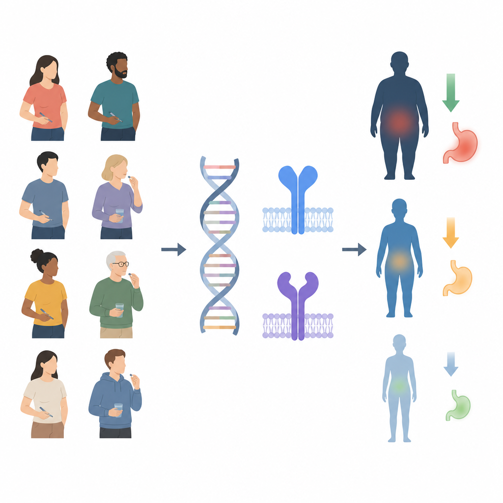 Figure 1. Unterschiede in der DNA helfen zu erklären, warum Menschen unterschiedlich viel Gewicht verlieren und unterschiedlich starke Nebenwirkungen bei GLP‑1‑Medikamenten verspüren.