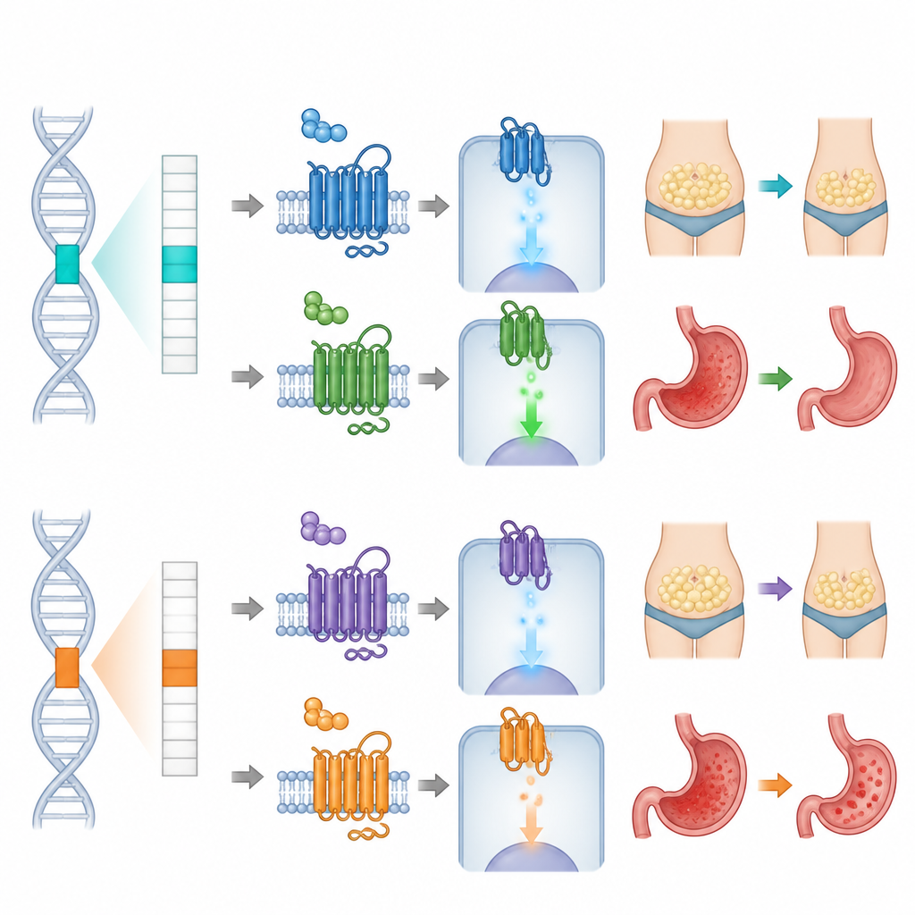 Figure 2. Kleine Genveränderungen in den Arzneimittelrezeptoren verändern zelluläre Signalwege, die Fettabbau und Magen‑Darm‑Beschwerden während einer GLP‑1‑ und GIP‑Behandlung steuern.