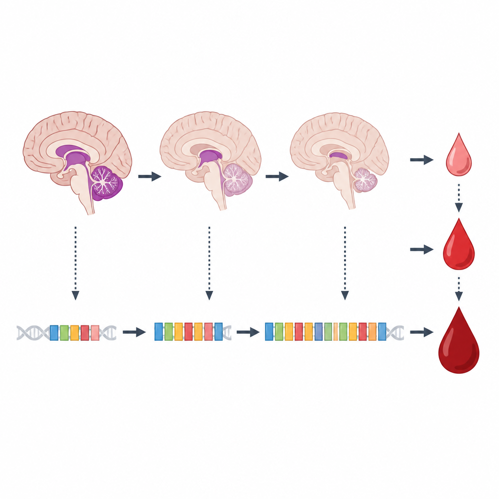 Figure 2. Stopniowe powiązanie między wydłużonymi powtórzeniami DNA, kurczeniem się obszarów mózgu i wzrostem markerów uszkodzenia we krwi.