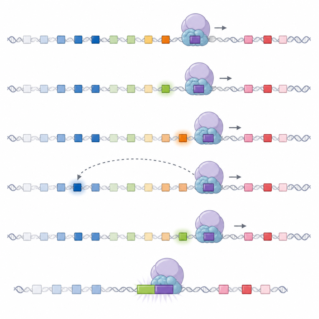 Figure 2. Jak enzym skanujący porusza się wzdłuż DNA, wybierając pobliskie fragmenty genów łańcucha lekkiego do edycji przeciwciał.