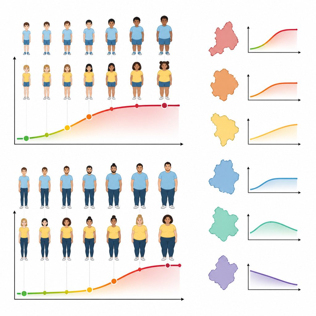Figure 2. Hoe obesitastrends verschillen tussen kinderen en volwassenen en tussen landen, van versnelling tot plateau of daling.