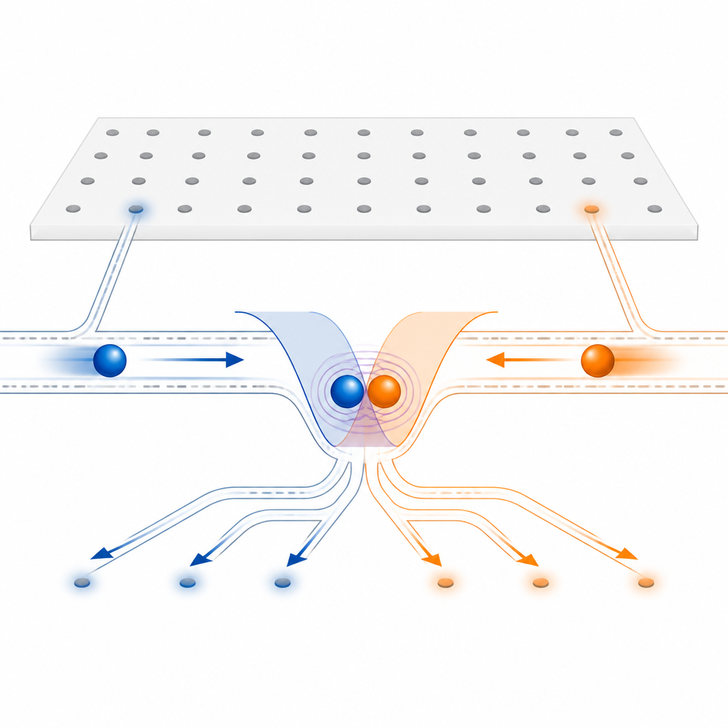 Figure 1. Elektronqubits verplaatsen langs microscopische transportbanden zodat verre regio's van een siliciumchip flexibel met elkaar kunnen communiceren.