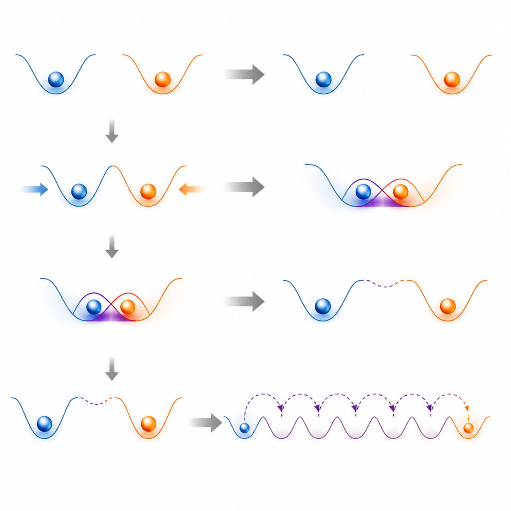 Figure 2. Twee mobiele elektronqubits bij elkaar brengen om te laten interageren en vervolgens hun verstrengeling gebruiken om een kwantumtoestand te teleporteren.