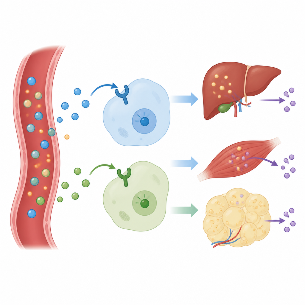 Figure 2. Das kombinierte Medikament richtet sich an hormonempfindliche Zellen, um die Insulinantwort zu steigern und die Zuckerproduktion der Leber bei fettleibigen Mäusen zu dämpfen.