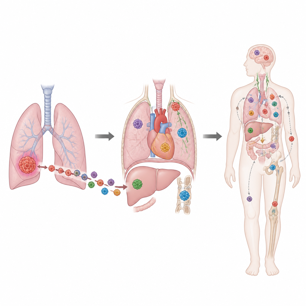 Figure 1. How a lung tumor gives rise to many evolving metastases that spread through the body over time.